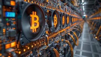 A bustling mining farm filled with advanced equipment, highlighting the infrastructure behind secure hosting